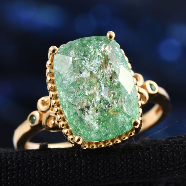 Emerald Green Crackled Quartz (Cush), Kagem Zambian Emerald Ring in 14K Gold Overlay Sterling Silver 6.250 Ct.