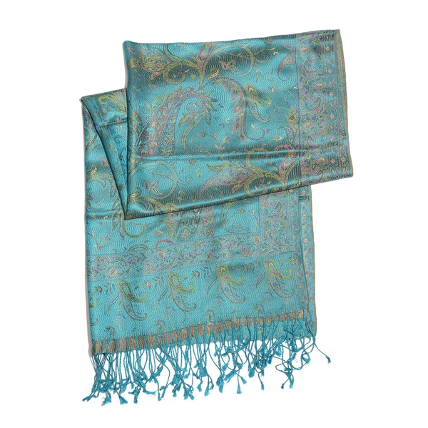 SILK MARK - 100% Superfine Silk Green and Multi Colour Paisley and Leaves Pattern Turquoise Colour Jacquard Jamawar Shawl with Fringes (Size 180x70 Cm) (Weight 125-140 Grams)