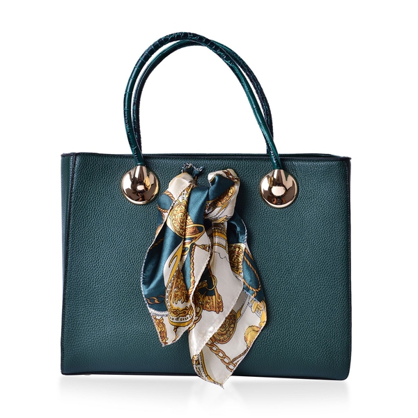 Teal Green Colour Large Tote Bag with External Zipper Pocket, Small Clutch and Multi Colour Scarf (Size 35x28x12 Cm, 27x13.5 Cm and 51x47 Cm)