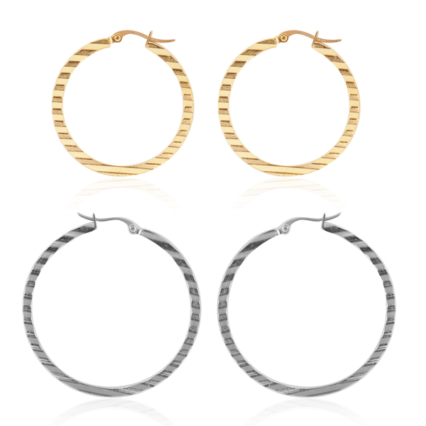 Set of 2 - Close Out Deal Yellow Gold Overlay and Stainless Steel Hoop Earrings