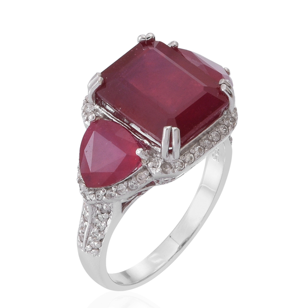African Ruby (Oct 9.15 Ct), Natural Cambodian White Zircon Ring in Rhodium Plated Sterling Silver 12.970 Ct.