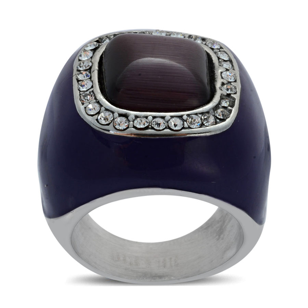 Simulated Purple Cats Eye and White Austrian Crystal Enameled Ring in Stainless Steel
