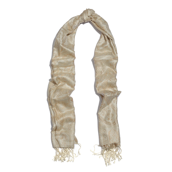 SILK MARK - 100% Superfine Silk Cream and Brown Colour Jacquard Scarf with Fringes (Size 180x70 Cm) (Weight 125 - 140 Grams)