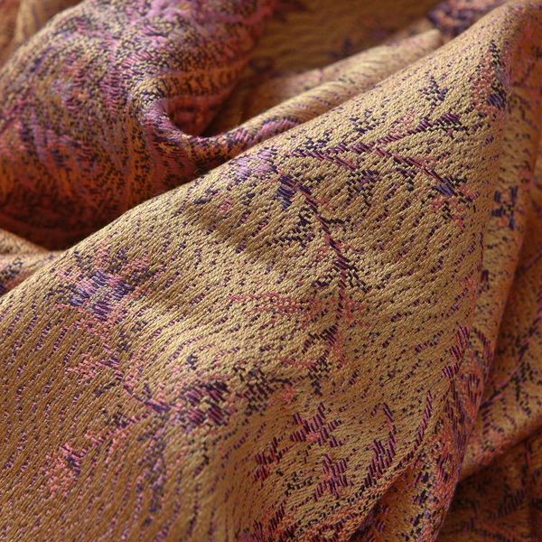 SILK MARK - 100% Superfine Silk Pink and Multi Colour Paisley and Leaves Pattern Golden Colour Jacquard Jamawar Shawl with Fringes (Size 180x70 Cm) (Weight 125-140 Grams)