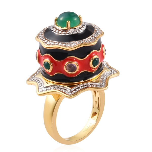 GP - Verde Onyx, Amethyst and Blue Sapphire Enamelled Cake Ring 14K Gold Overlay Sterling Silver 2.02 Ct, Silver wt. 10.00 Gms