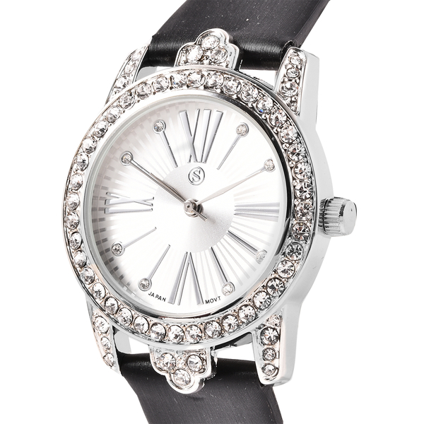 STRADA Japanese Movement White Austrian Crystal Studded Water Resistant Watch with Black Strap