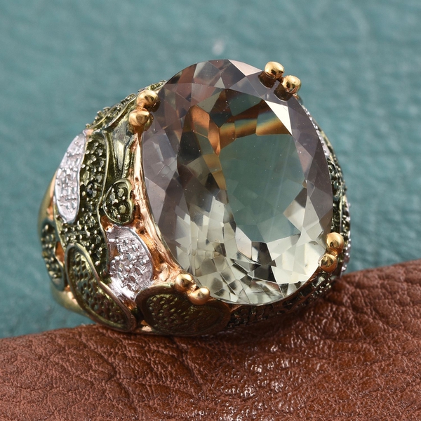 Green Amethyst (Ovl), Diamond Ring in 14K Gold Overlay Sterling Silver 15.500 Ct. Silver wt 11.30 Gms.