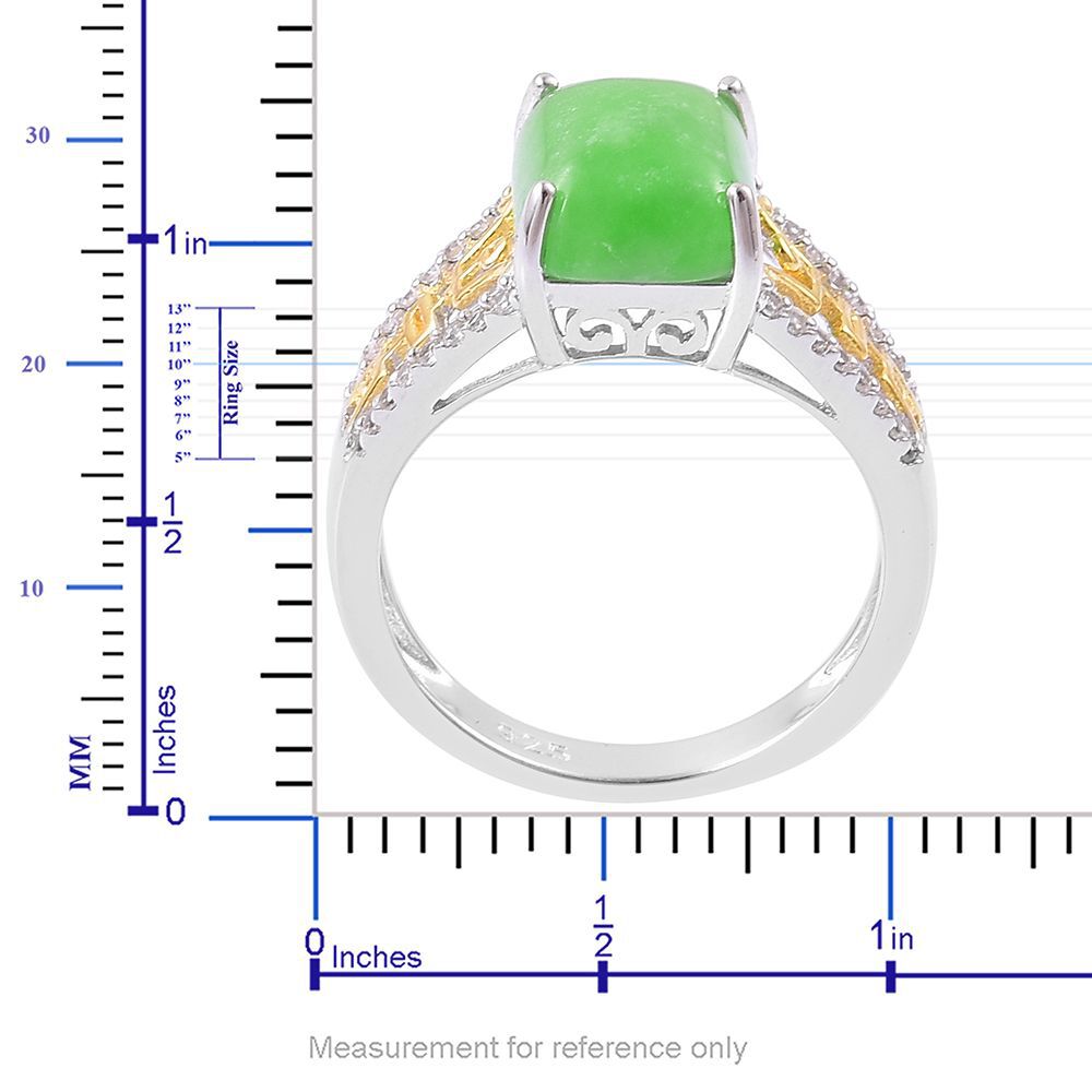 Green Jade (Oct 3.75 Ct), White Zircon Chinese Symbol Longevity Ring in Yellow Gold Overlay and Sterling Silver 4.000 Ct.