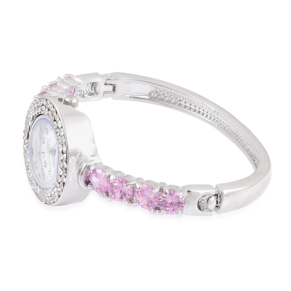 New Concept - STRADA Japanese Movement White Dial Bangle Watch in Silver Tone with White Austrian Crystal and Simulated Pink Colour Diamond. (Size 7.5)