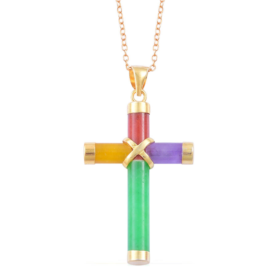 Green, Yellow, Red and Purple Jade Cross Pendant With Chain in Yellow Gold Overlay Sterling Silver 7