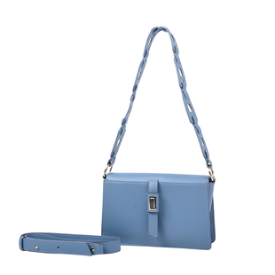 PASSAGE. lifestyle-Color:Light Blue; size/Profile:Shoulder bag;wall(exterior);Semi-PU. Lining(interior):polyester  Pockets(exterior):button-1;Pockets(interior):Zipped-1.Measurement(inch):20*