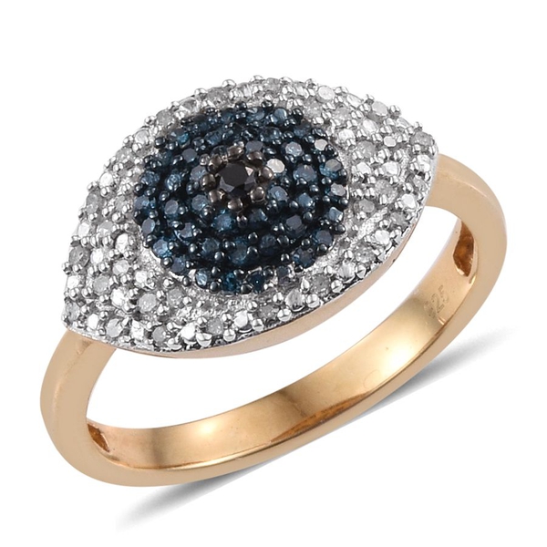 Black Diamond (Rnd), Blue and White Diamond Evil Eye Ring in 14K Gold Overlay Sterling Silver 0.350 