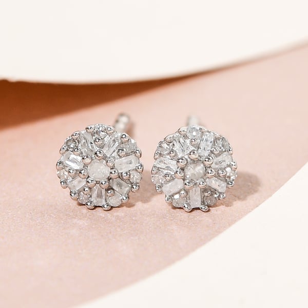 Diamond Cluster Earrings (with Push Back) in Platinum Overlay Sterling Silver 0.150 Ct