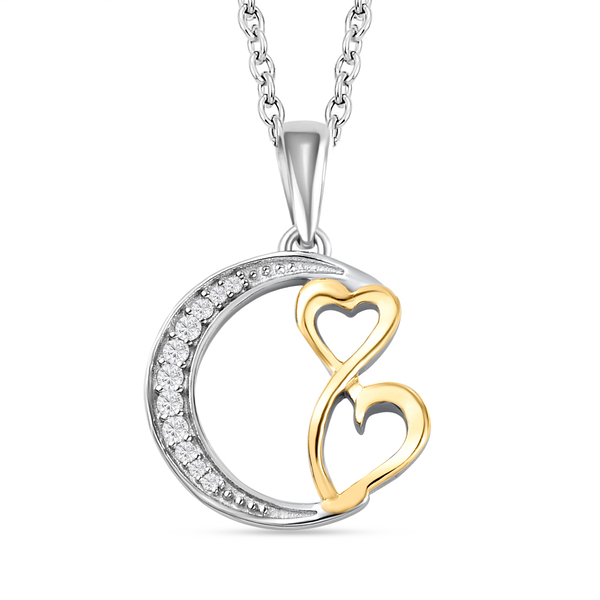 ELANZA Simulated Diamond Moon Pendant And Chain ( Size 20) in Two Tone Overlay Sterling Silver