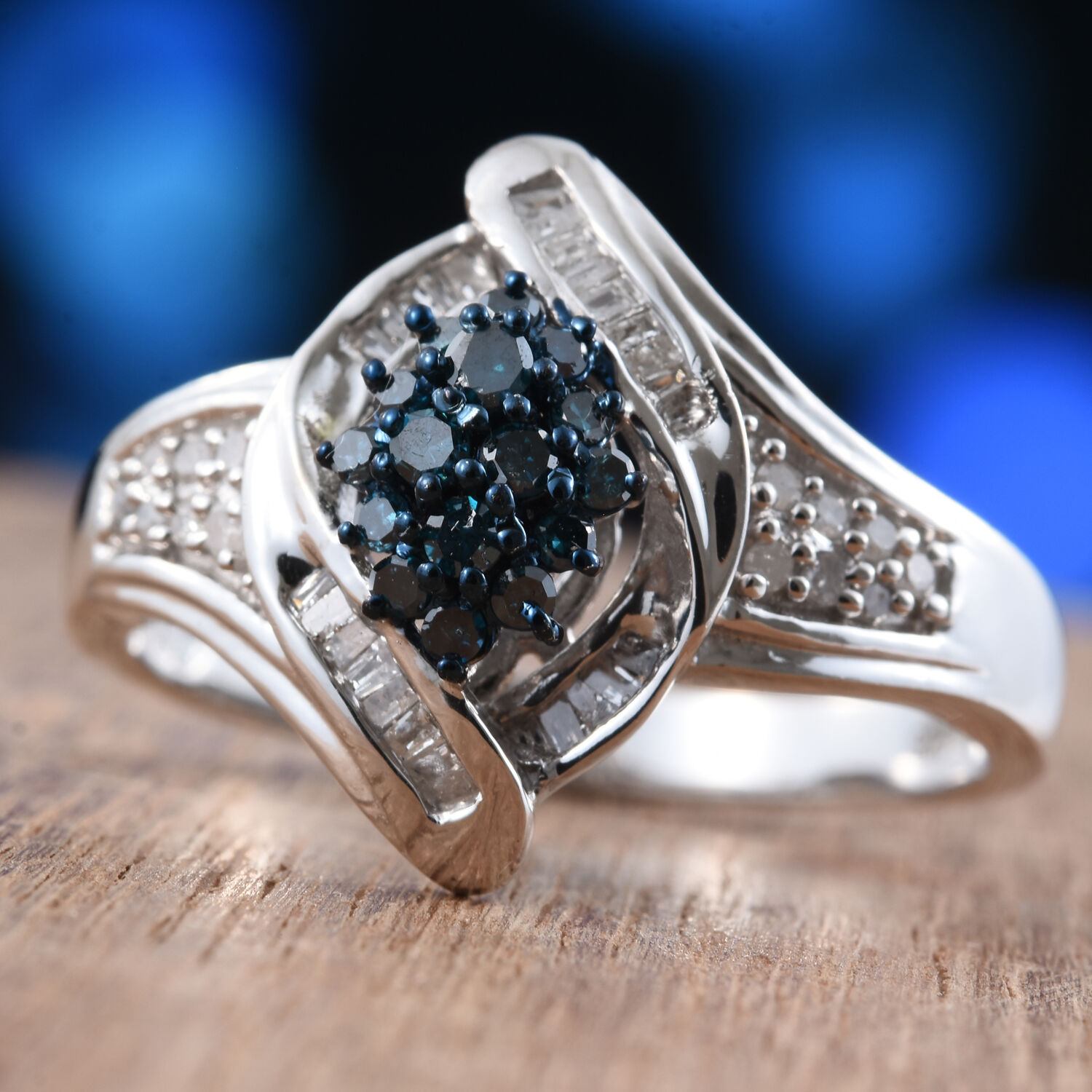 Blue Diamond (Rnd), White Diamond Ring in Platinum Overlay Sterling Silver 0.500 Ct.