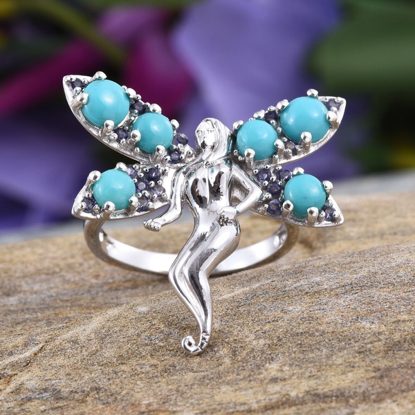 Sonoran Turquoise (Rnd), Iolite Angel Ring in Platinum Overlay Sterling Silver 2.250 Ct.