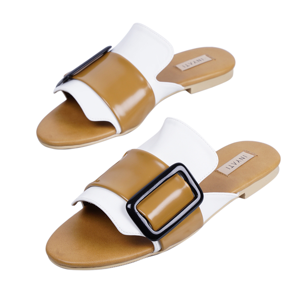 Inyati - NATALIE White and Tan Gloss Finish Sandals with Statement Buckle