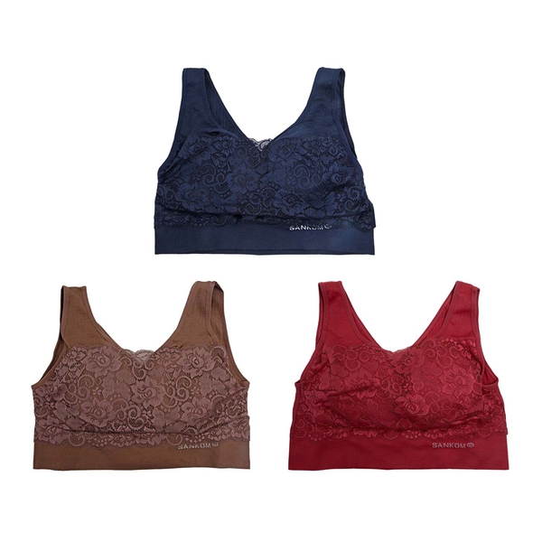 3 Piece Set- Sankom Patent Classic Bra With Lace (Size S-M) - Colour Dark Blue, Taupe Brown and Garnet Pink
