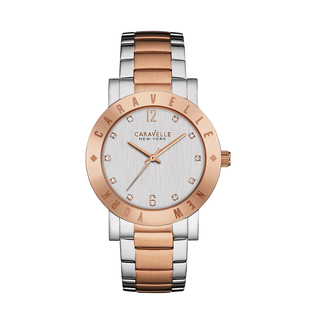 CARAVELLE Two Tone Rose Gold and Silver Etched Bezel Watch - 36mm - up to 9in