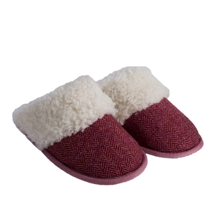 ARAN Tweed Slip-on Slippers with Fur Lining Size: Large 8-9 - Red