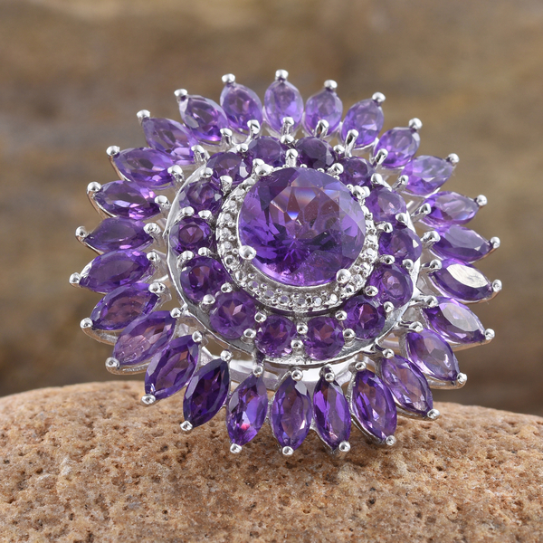 Amethyst (Rnd 3.25 Ct) Floral Ring in Platinum Overlay Sterling Silver 11.500 Ct. Silver wt 10.37 Gms.