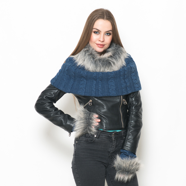 Blue Colour Knitted Snood (Free Size) and Hand Gloves with Fur
