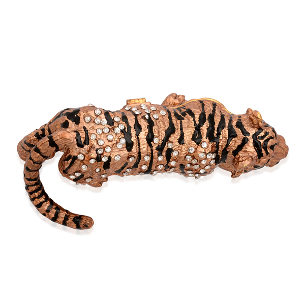 Brown and Black Enameled Tiger Shape Trinket Box in Gold Tone with White Austrian Crystal