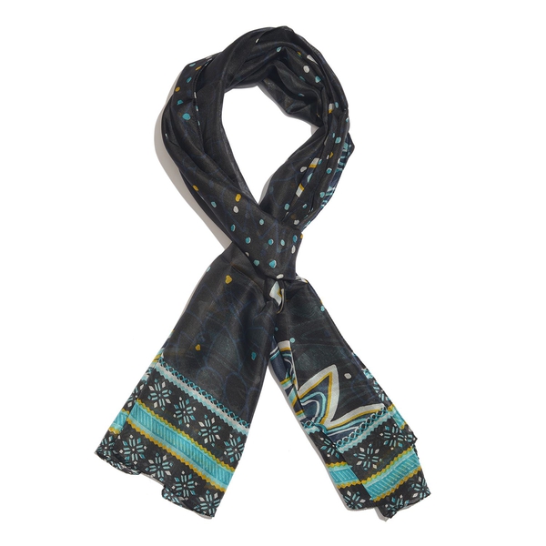 100% Mulberry Silk Black, Blue and Multi Colour Handscreen Floral and Hearts Printed Scarf (Size 180