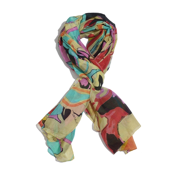 100% Mulberry Silk Multi Colour Abstract Pattern Scarf (Size 175x110 Cm)