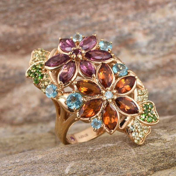 Stefy Rhodolite Garnet (Mrq), Citrine, Paraibe Apatite, Pink Sapphire, Hebei Peridot and Chrome Diopside Floral Ring in 14K Gold Overlay Sterling Silver 6.750 Ct.