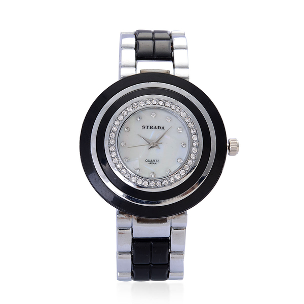 STRADA Japanese Movement White Dial White Austrian Crystal Watch in Silver Tone with Black Resin Str