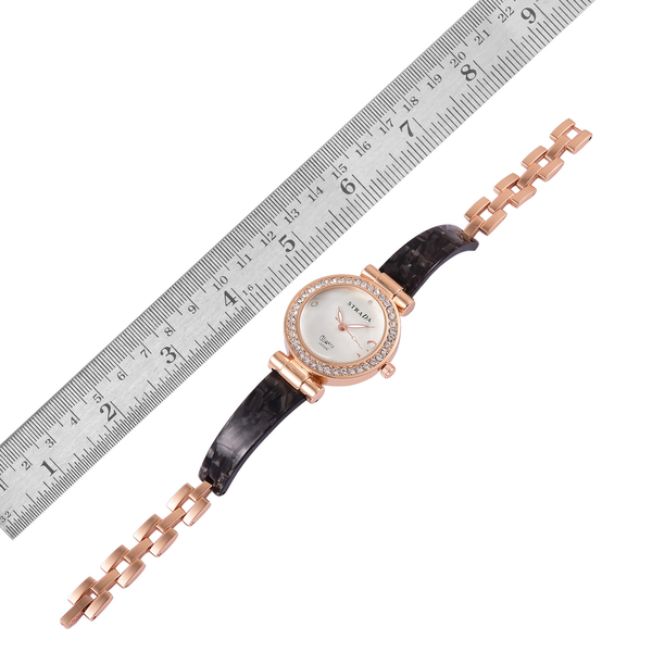 STRADA Japanese Movement White Austrian Crystal Studded White Dial Watch in Rose Gold Tone with Stainless Steel Back and Black Colour Strap