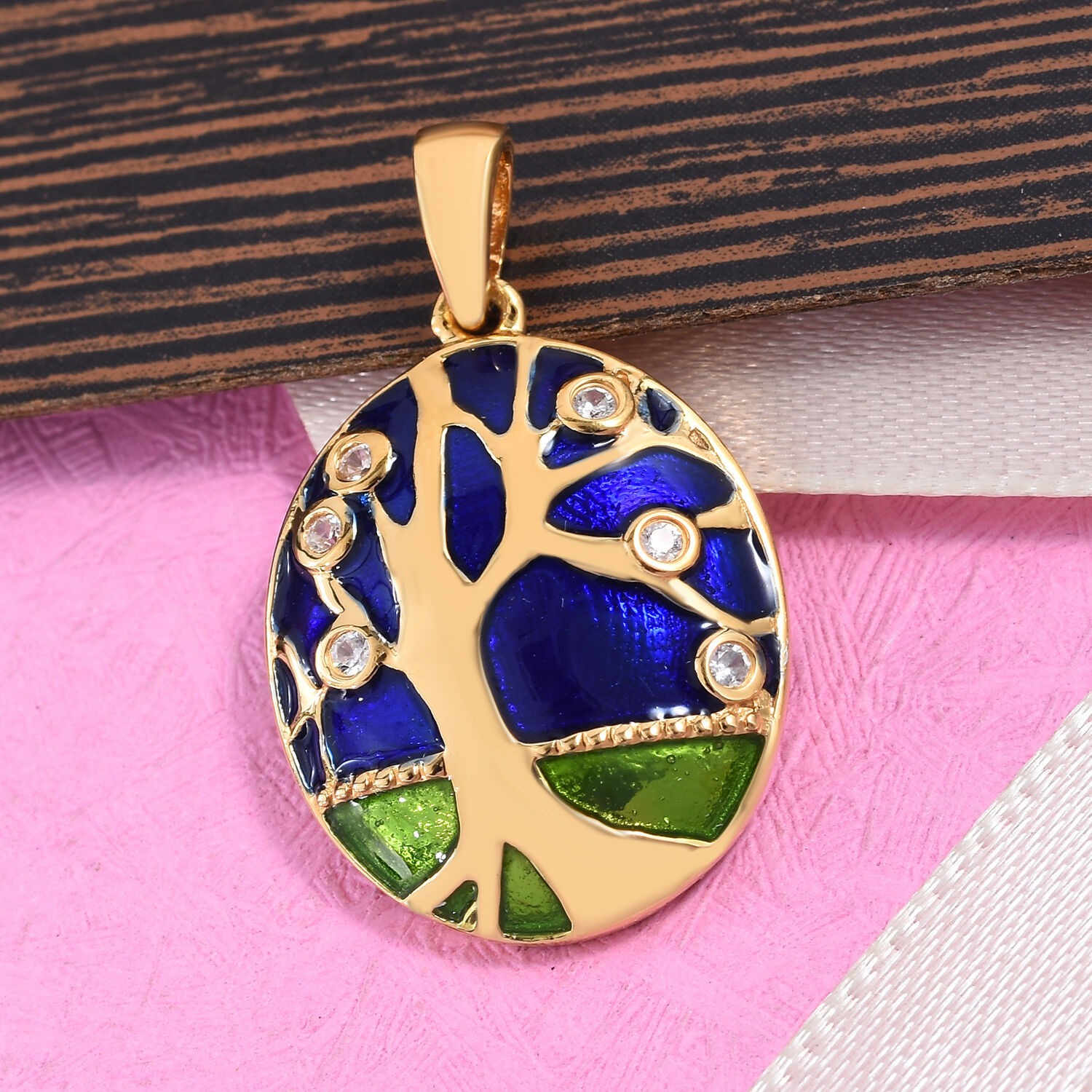 GP - Natural Cambodian Zircon & Blue Sapphire Enamelled Tree Pendant in 18K Vermeil Yellow Gold Plated Sterling Silver