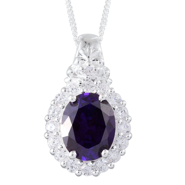 AAA Simulated Tanzanite (Ovl), Simulated Diamond Pendant With Chain in Sterling Silver