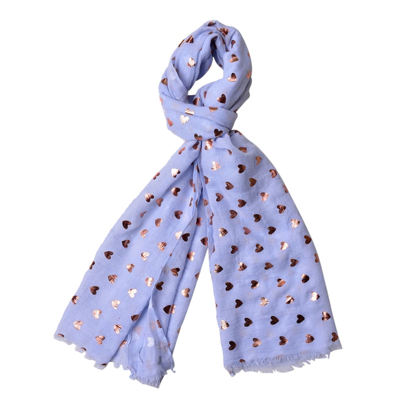 Golden Hearts Pattern Blue Colour Scarf with Fringes (Size 180X70 Cm)