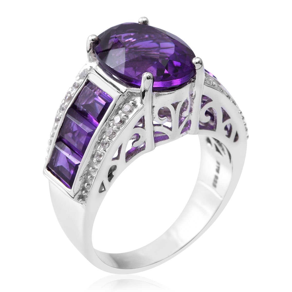 Extremely Rare Size - Lusaka Amethyst (Ovl 14x10 mm 5.16 Ct), Natural White Cambodian Zircon Ring in Rhodium Plated Sterling Silver 8.720 Ct. Silver wt 8.50 Gms.