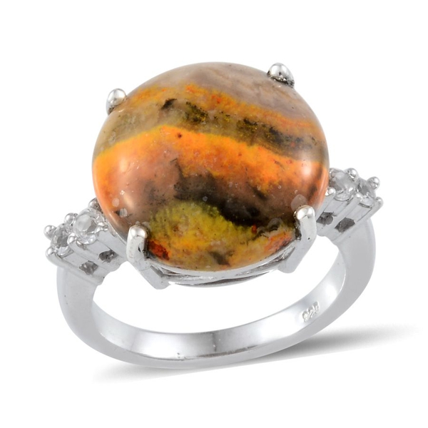 Bumble Bee Jasper (Rnd 12.50 Ct), White Topaz Ring in Platinum Overlay Sterling Silver 12.900 Ct.