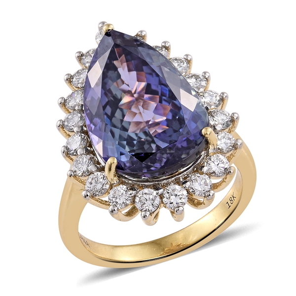 ILIANA 13.90 Ct AAA Peacock Tanzanite and Diamond IGI Certified (SI/G-H) Ring in 18K Gold