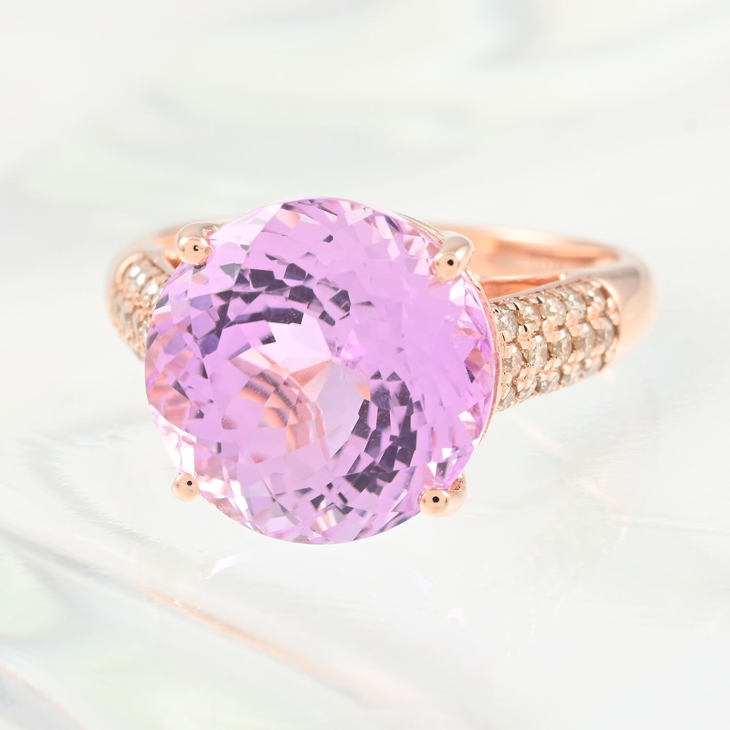 14K Rose Gold  AAA   Martha Rocha Kunzite ,  White Diamond  I1 Solitaire Ring 8.45 ct,  Gold Wt. 3.31 Gms  8.450  Ct.