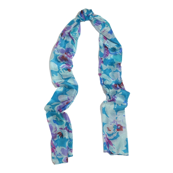 SILK MARK- Made In Kashmir 100% Mulberry Silk Blue, Green and Multi Colour Abstract Pattern Scarf (Size 170x50 Cm)
