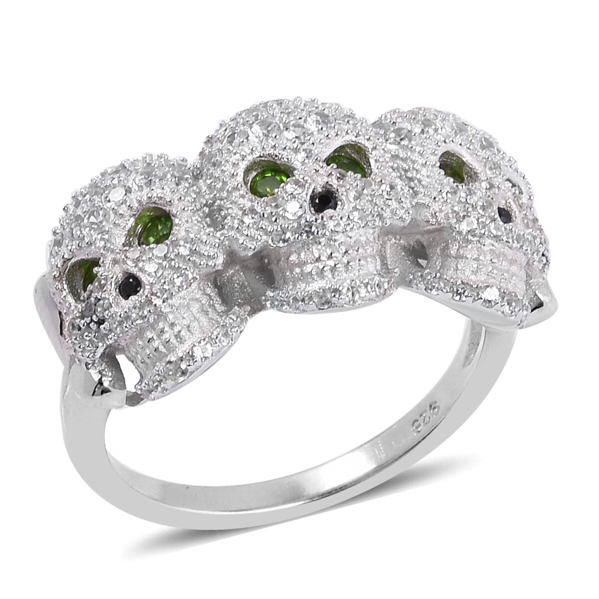 2.82 Ct  Diopside and Multi Gemstone Three Skull Ring in Rhodium Plated Silver 6.70 Grams