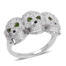 2.82 Ct  Diopside and Multi Gemstone Three Skull Ring in Rhodium Plated Silver 6.70 Grams