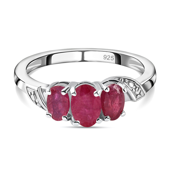 African Ruby (FF) 3 Stone Ring in Platinum Overlay Sterling Silver 1.35 Ct.