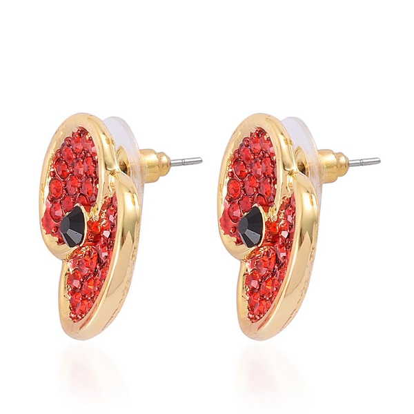 Red and Black Austrian Crystal Red Enameled Flower Earrings (with Push Back) in Gold Tone