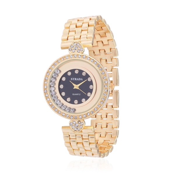STRADA Austrian Crystal Studded Yellow Gold Tone Watch with Floating Crystals