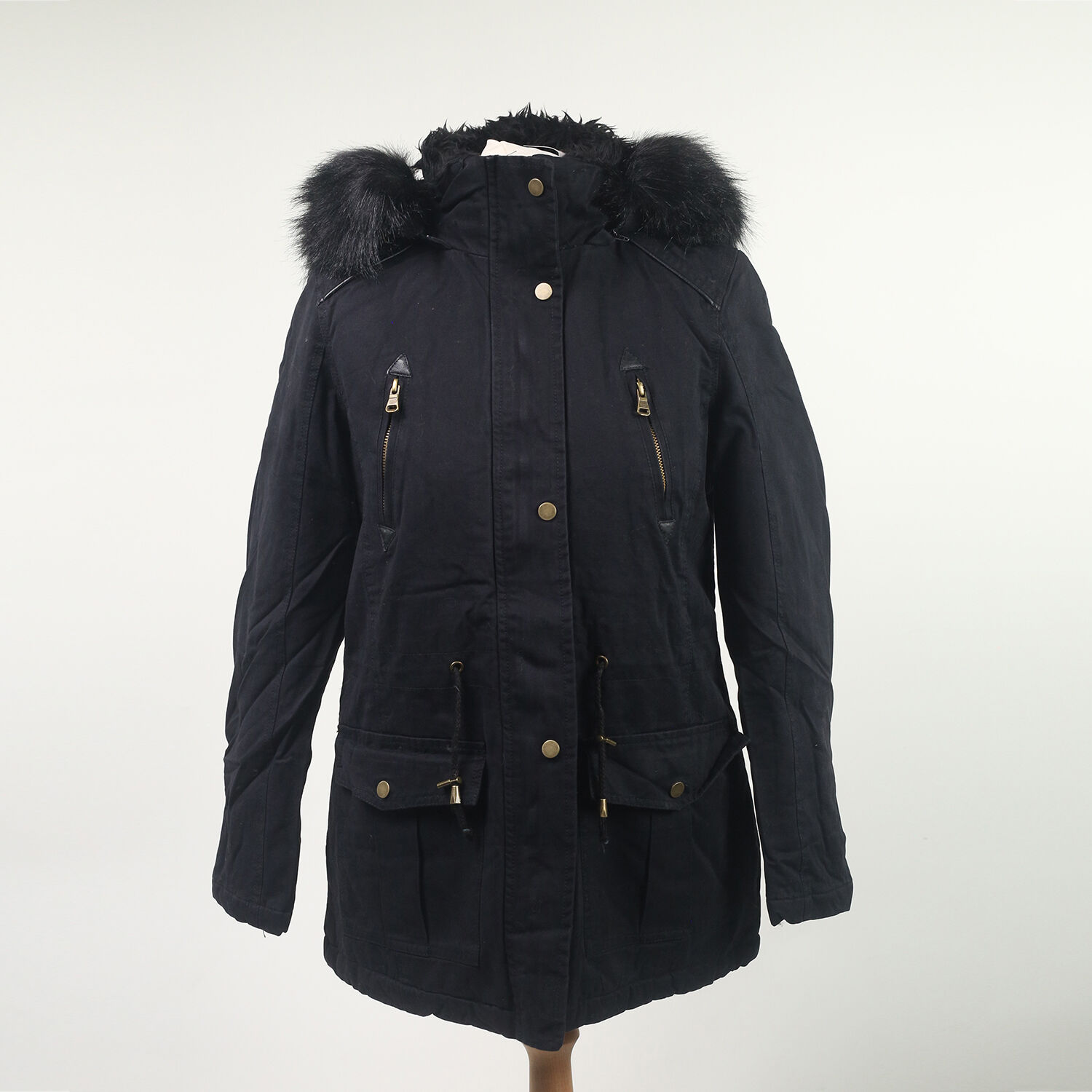 Solid Black Parka Jacket with Faux Fur Trim Detachable Hood and Zip Fastening (Size 12)