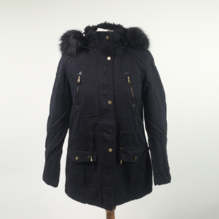 Solid Black Parka Jacket with Faux Fur Trim Detachable Hood and Zip Fastening 