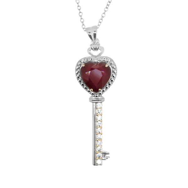 African Ruby (Hrt 5.00 Ct), Natural Cambodian White Zircon Key Pendant With Chain in Rhodium Plated 