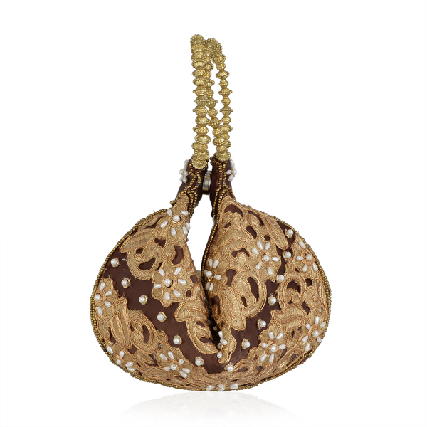 Golden Colour Floral and Leaves Pattern Chocolate Colour Satin Potli Bag with Acrylic Pearl Beads (S