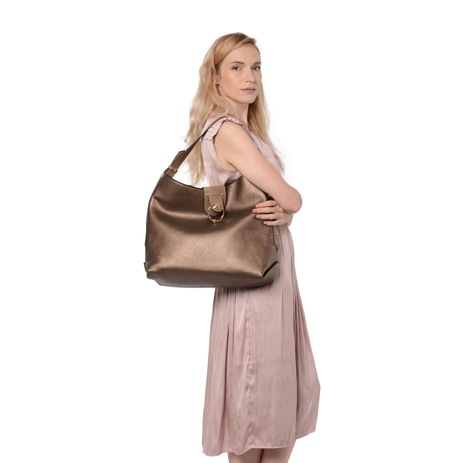 Metallic Bronze Tote Bag with Zipper Closure (Size 40x13x34 Cm)